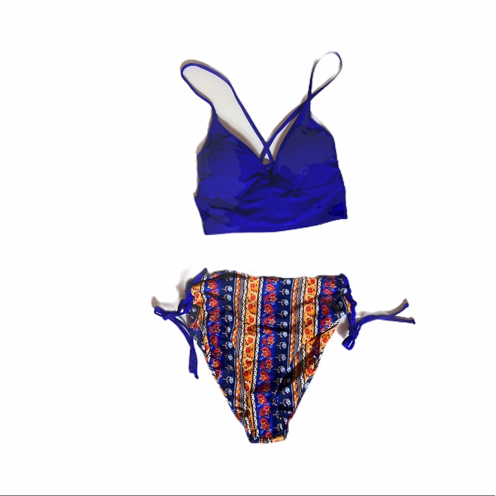 Shein Bikini Set with floral bottoms and blue top